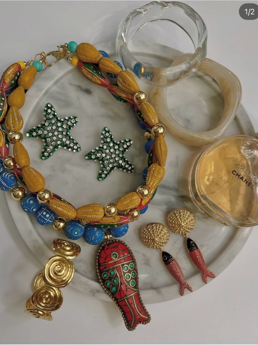 Handmade Colorful Beaded Statement Necklace with Yellow and Blue Accents